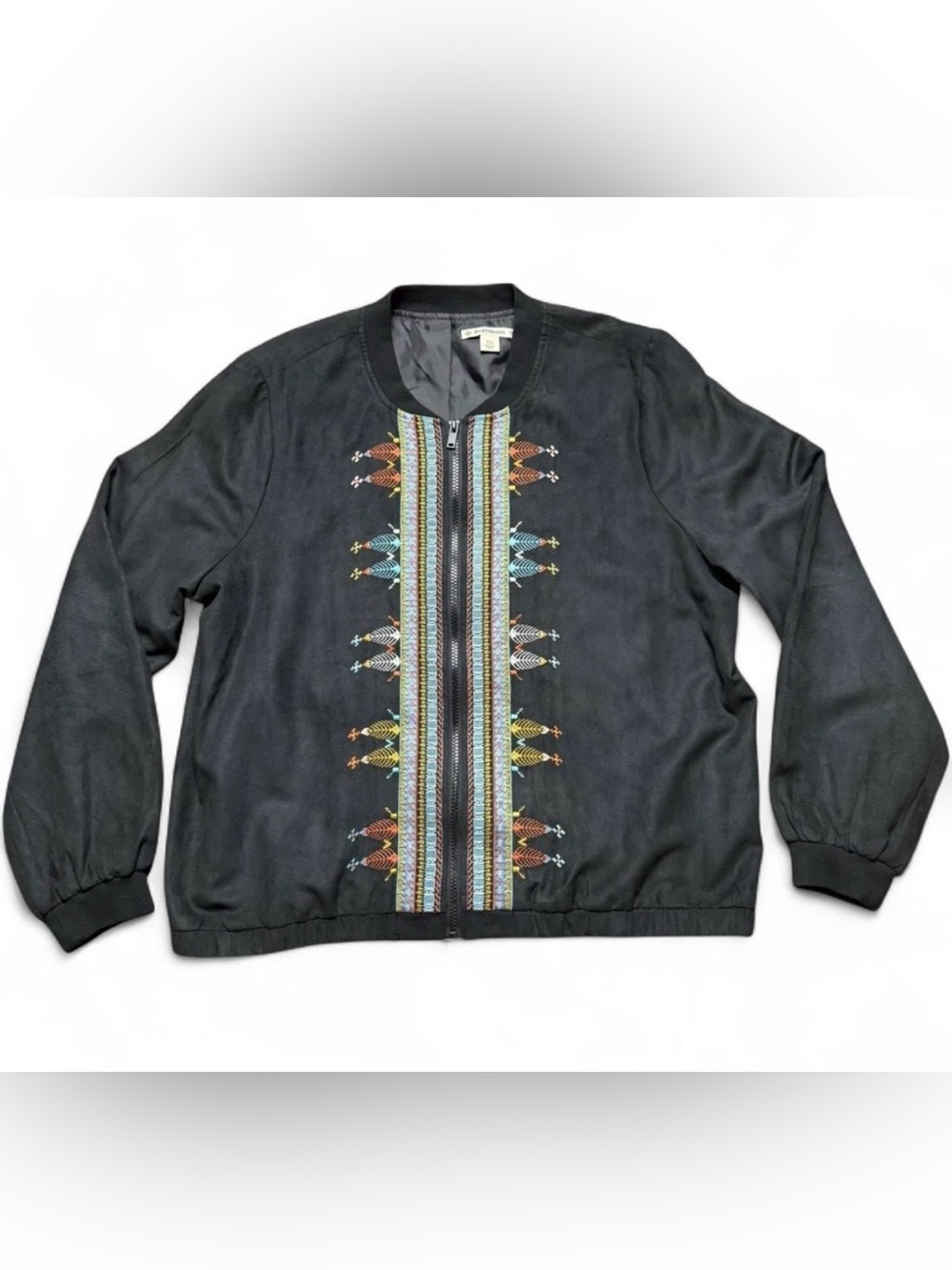 Ruff Hewn Embroidered Bomber Jacket Size XL Black Boho Tribal Zip Up